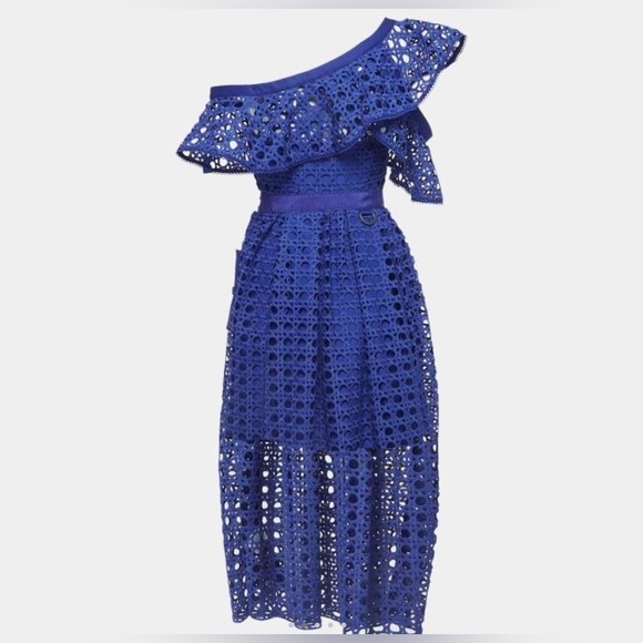 NWT LUXE Self Portrait Replica Navy One Shoulder Guipure Lace Midi Dress sz 8 - Picture 2 of 14